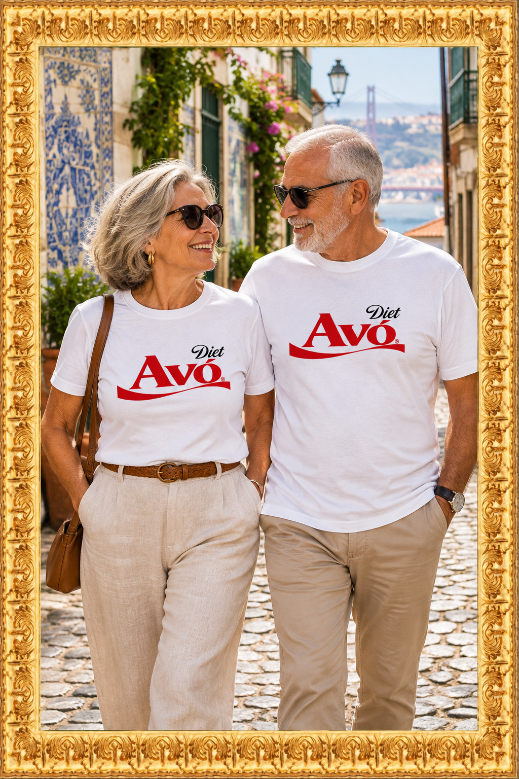 Avó and Avô walking together in matching Diet Avó shirts inside the gold frame