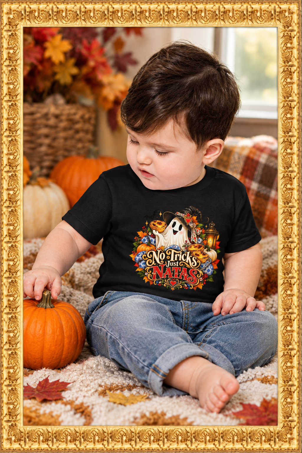 Baby wearing the tee beside a pumpkin in the gold frame