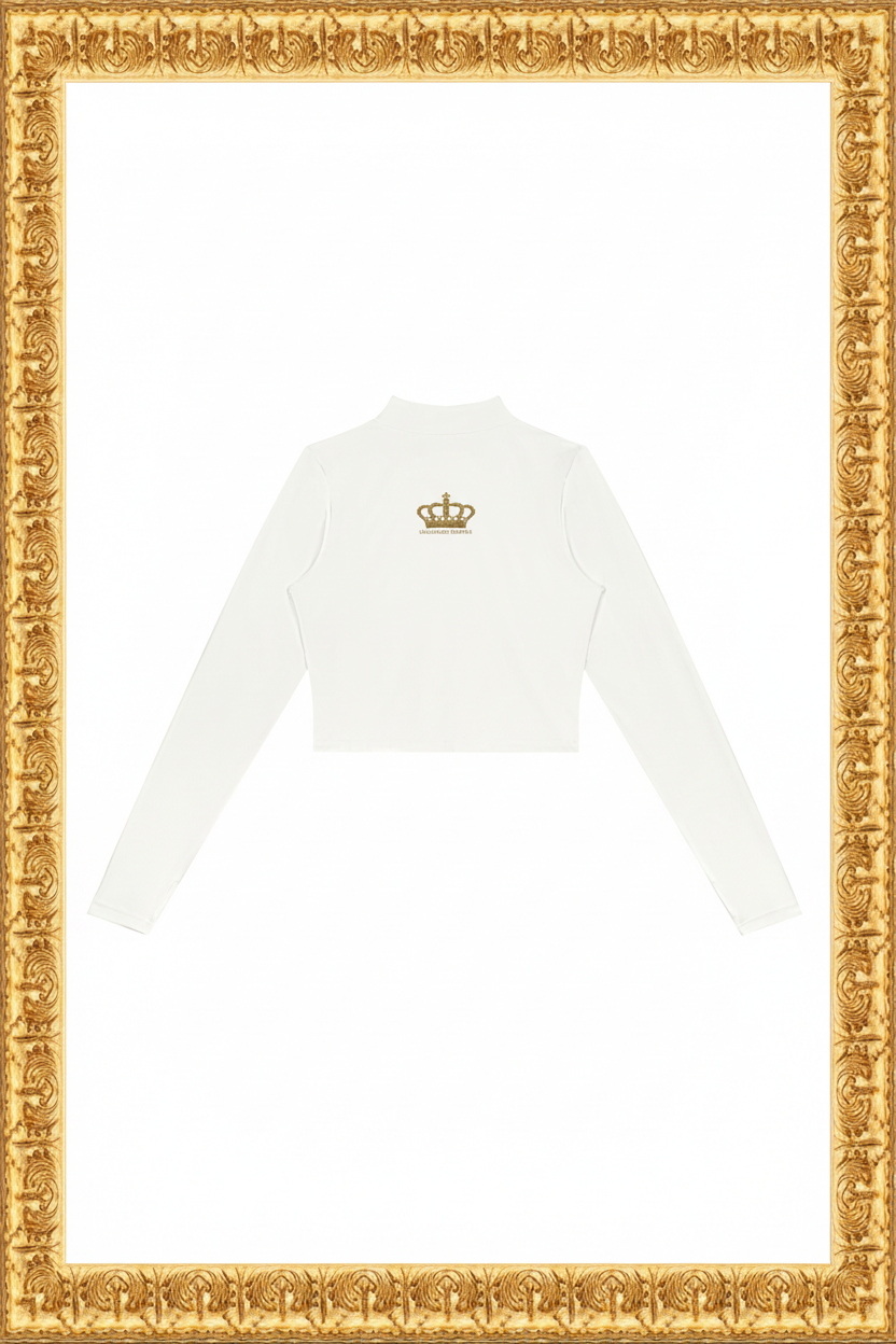 Back view of the Saudades Sempre White Cropped Yoga Sports Jacket in the gold frame