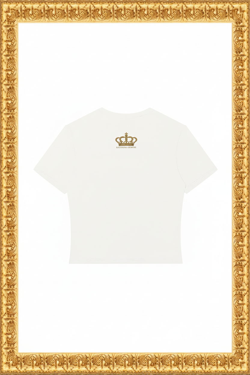 Back view of the Saudades Sempre White Performance Crop T-Shirt in the gold frame