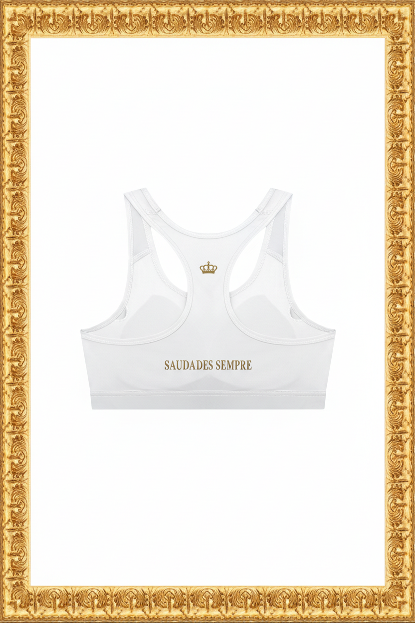 Back view of the Saudades Sempre White Sports Bra in the gold frame