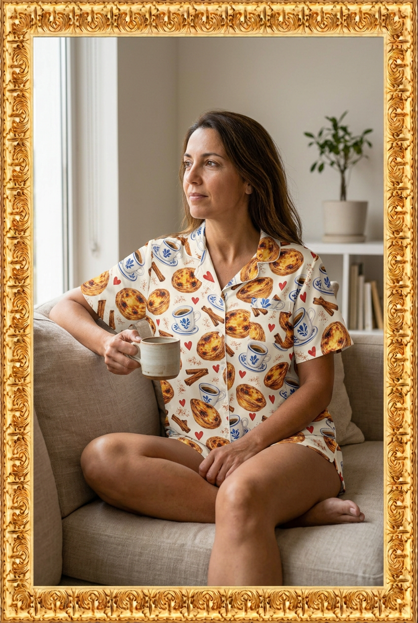 Candid morning coffee moment in matching pajamas with a gold frame