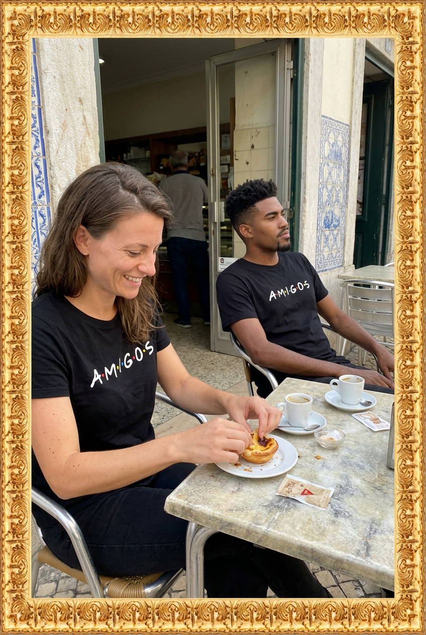 Candid Portuguese café scene with Amigos shirts and the original gold frame
