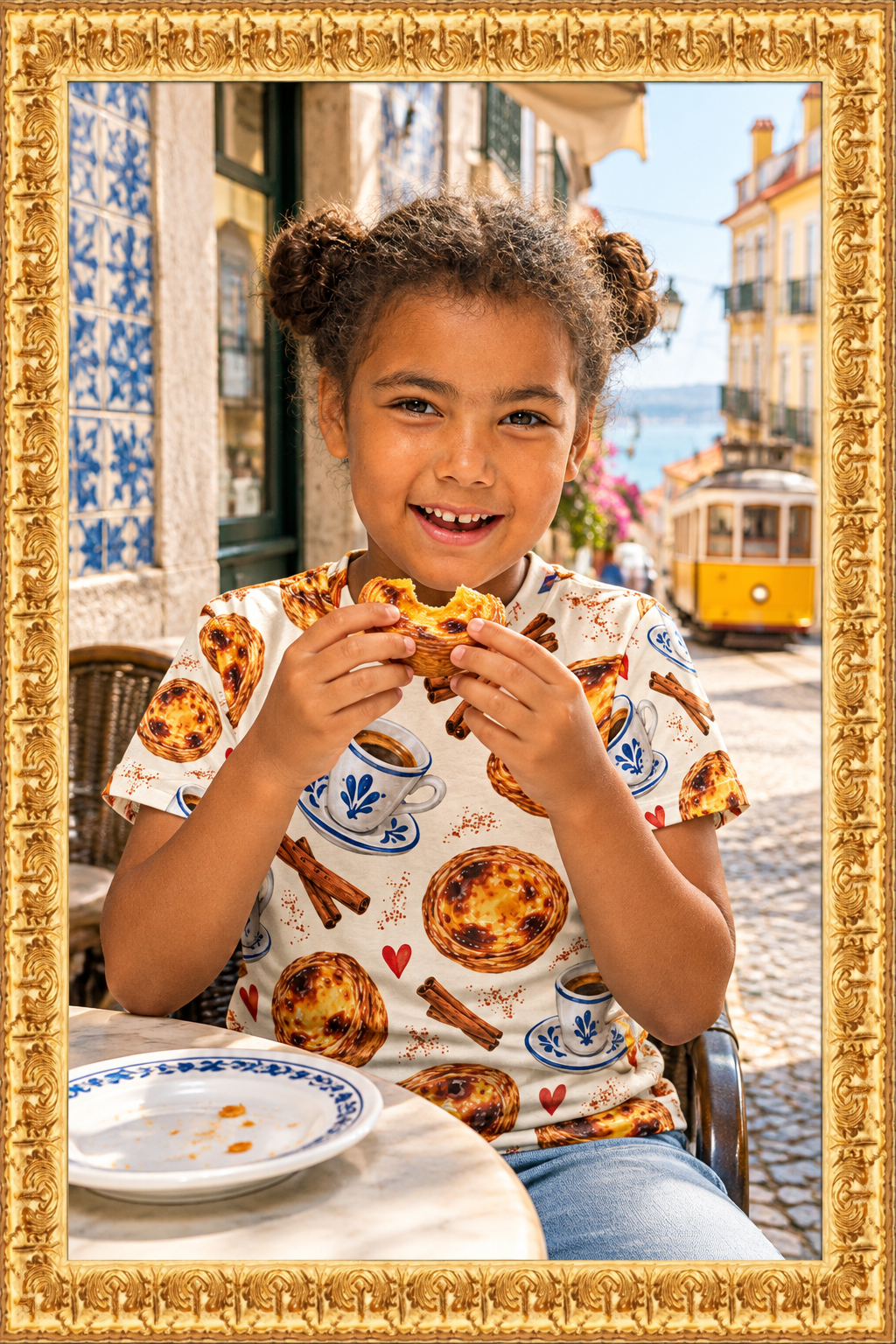 Child wearing the printed T-shirt and eating a pastel de nata in Lisbon inside the gold frame