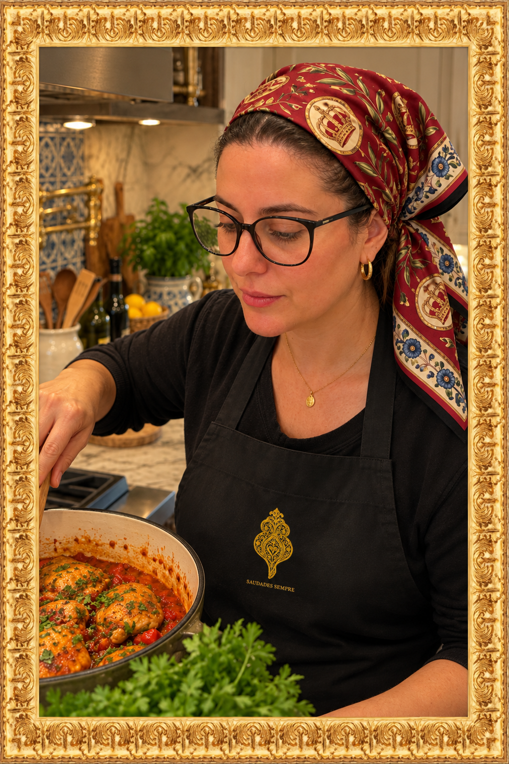 Cooking lifestyle image wearing the black Saudades Sempre apron in the gold frame