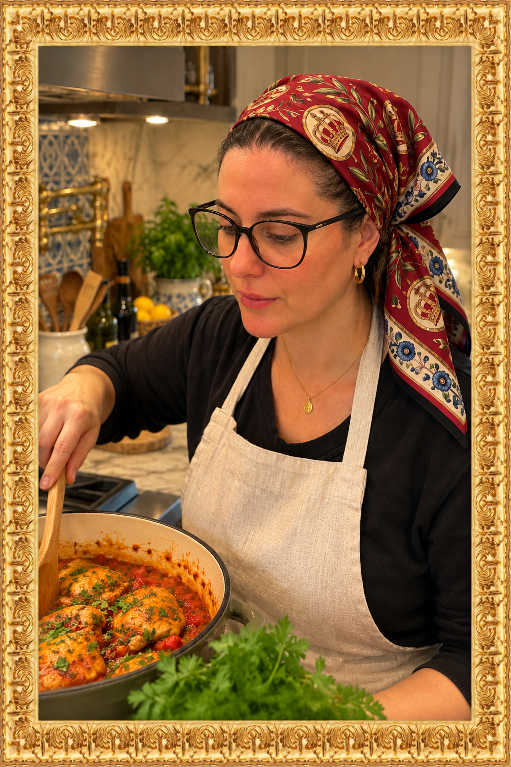 Cooking photo fitted edge-to-edge inside the ornate gold frame