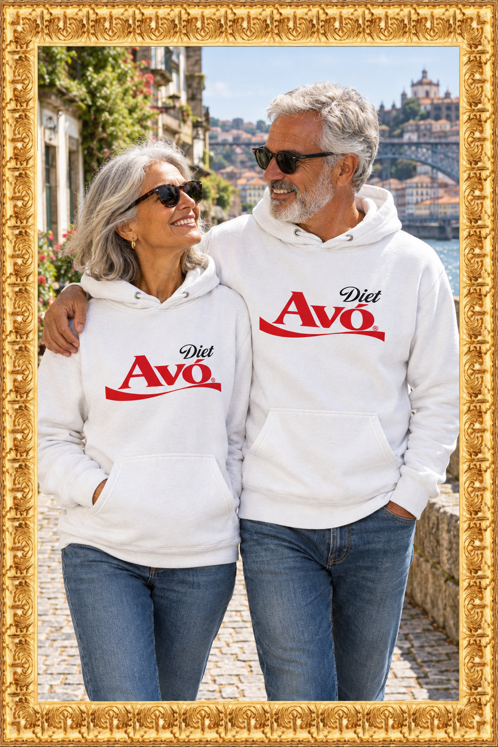Cool older couple wearing matching Diet Avó hoodies outdoors in Portugal inside the gold frame