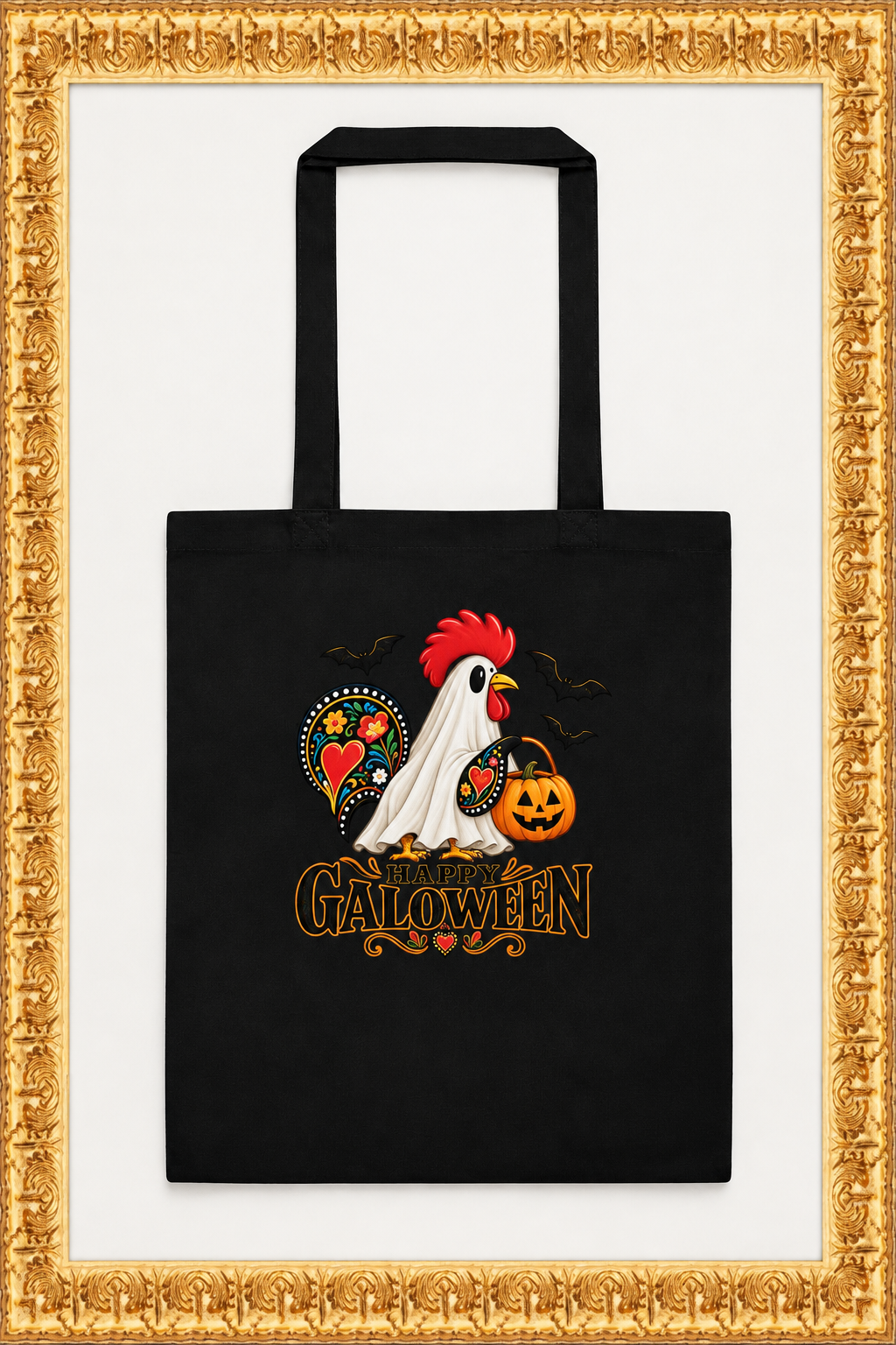 Cotton color tote bag inside the gold frame