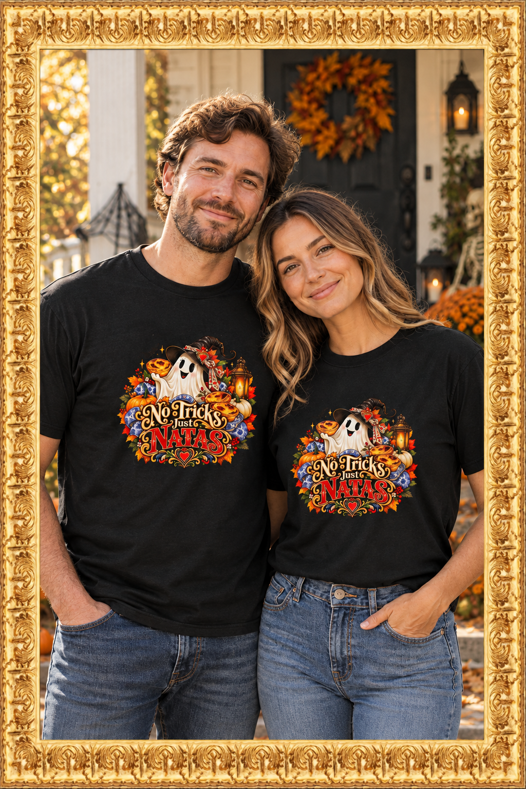 Couple Halloween shirt photo inside the gold frame
