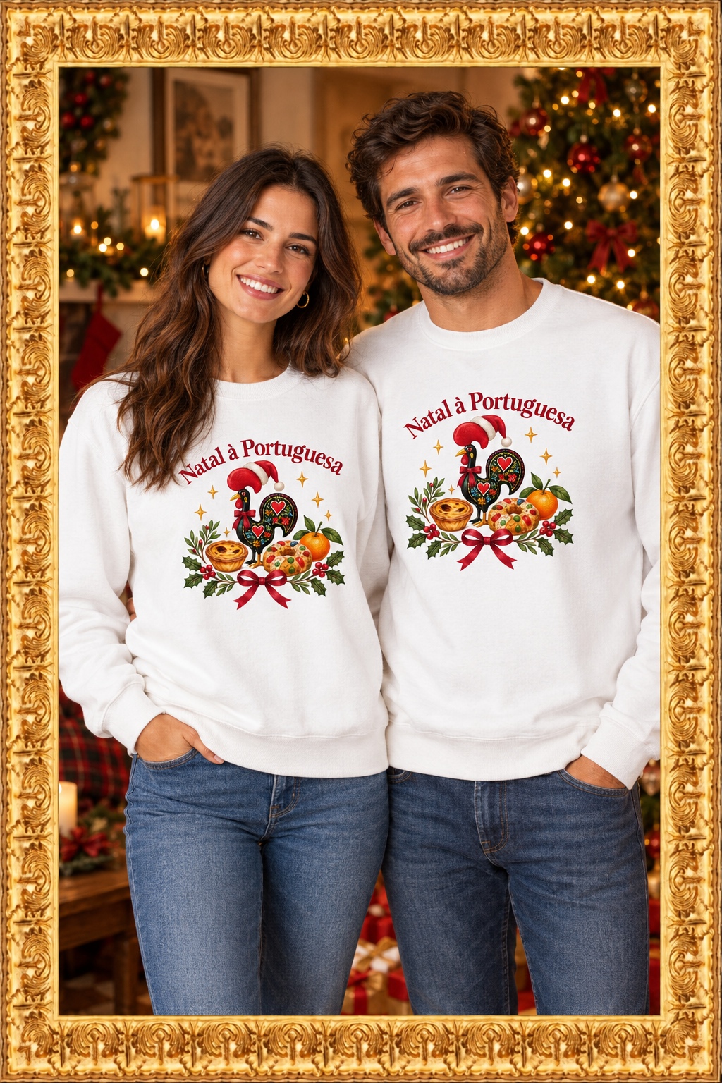 Couple wearing Natal à Portuguesa sweatshirts in a Christmas setting with an ornate gold frame