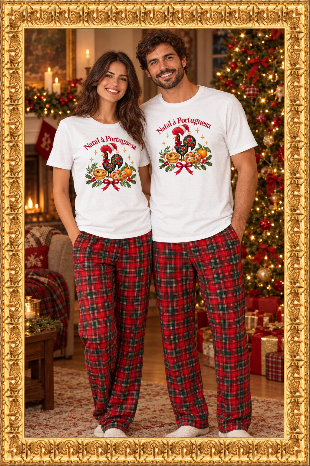 Couple wearing Natal à Portuguesa T-shirts and Christmas pajama bottoms with an ornate gold frame