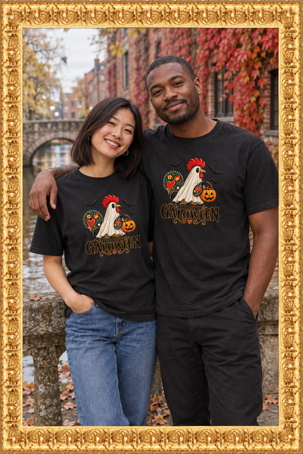 Couple wearing the heavyweight t-shirt by an autumn canal in the gold frame