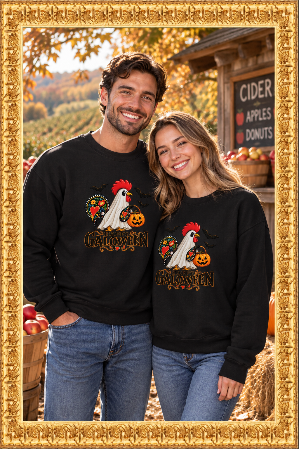 Couple wearing the sweatshirt at a fall orchard inside the gold frame