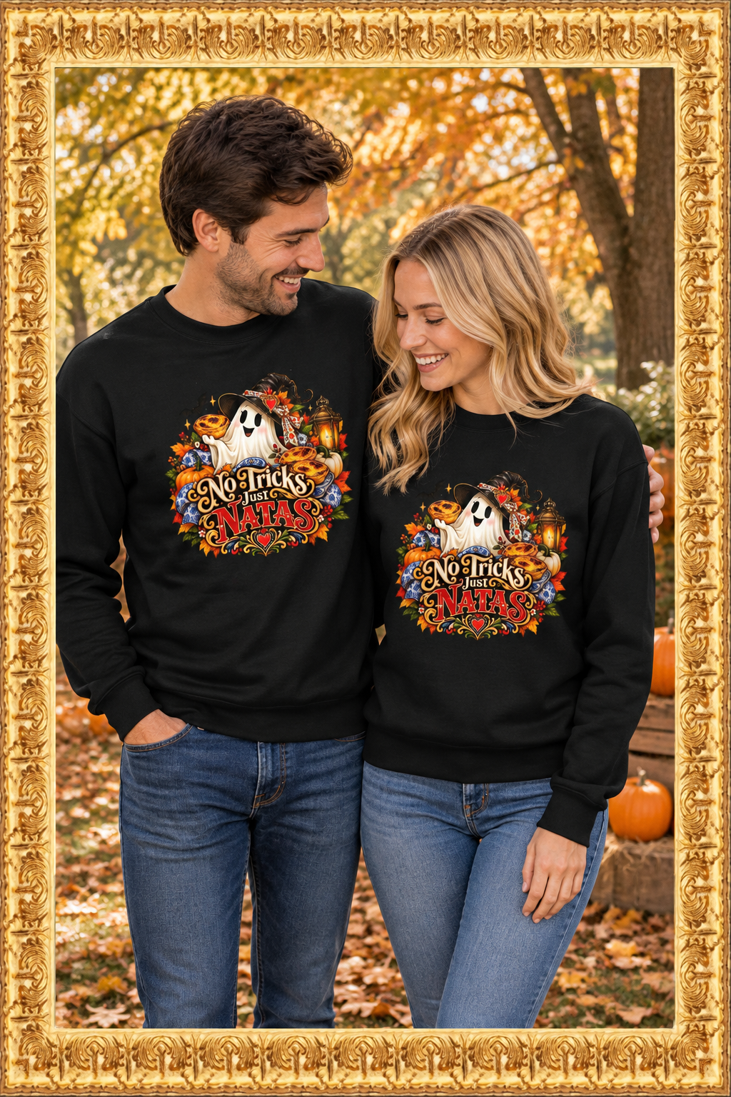 Couple wearing the sweatshirt in a fall setting inside the gold frame