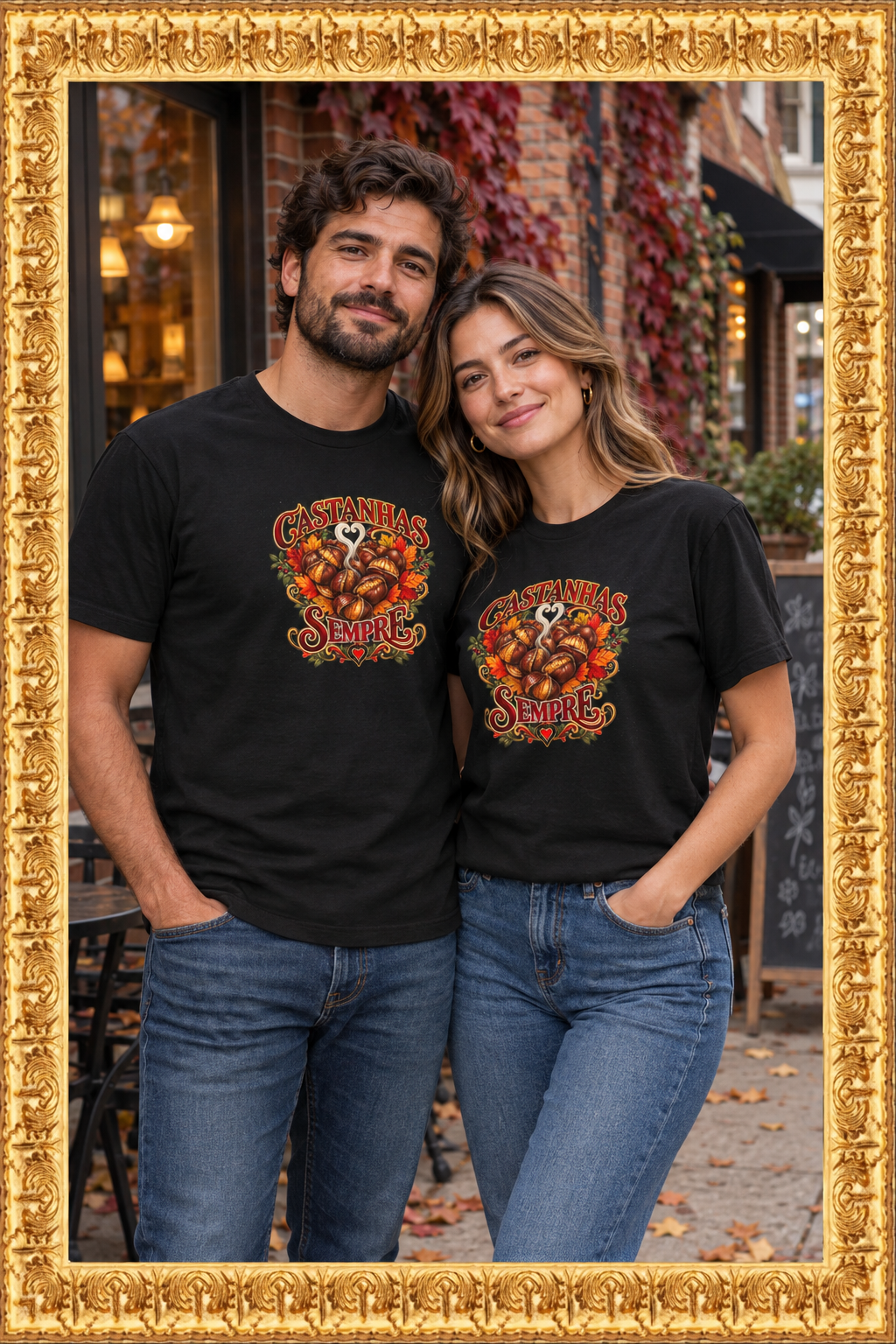 Couple wearing the t-shirt at an autumn café inside the gold frame