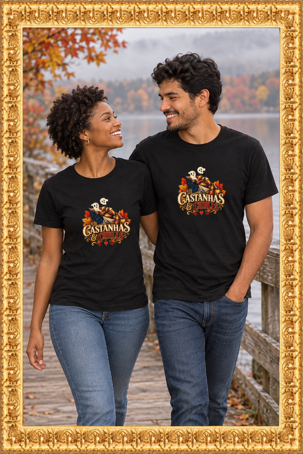 Couple wearing the t-shirt by a fall lakeside boardwalk in the gold frame