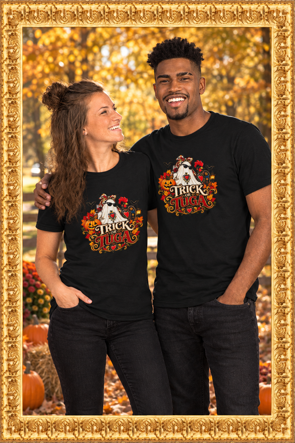 Couple wearing the t-shirt in a fall setting inside the gold frame
