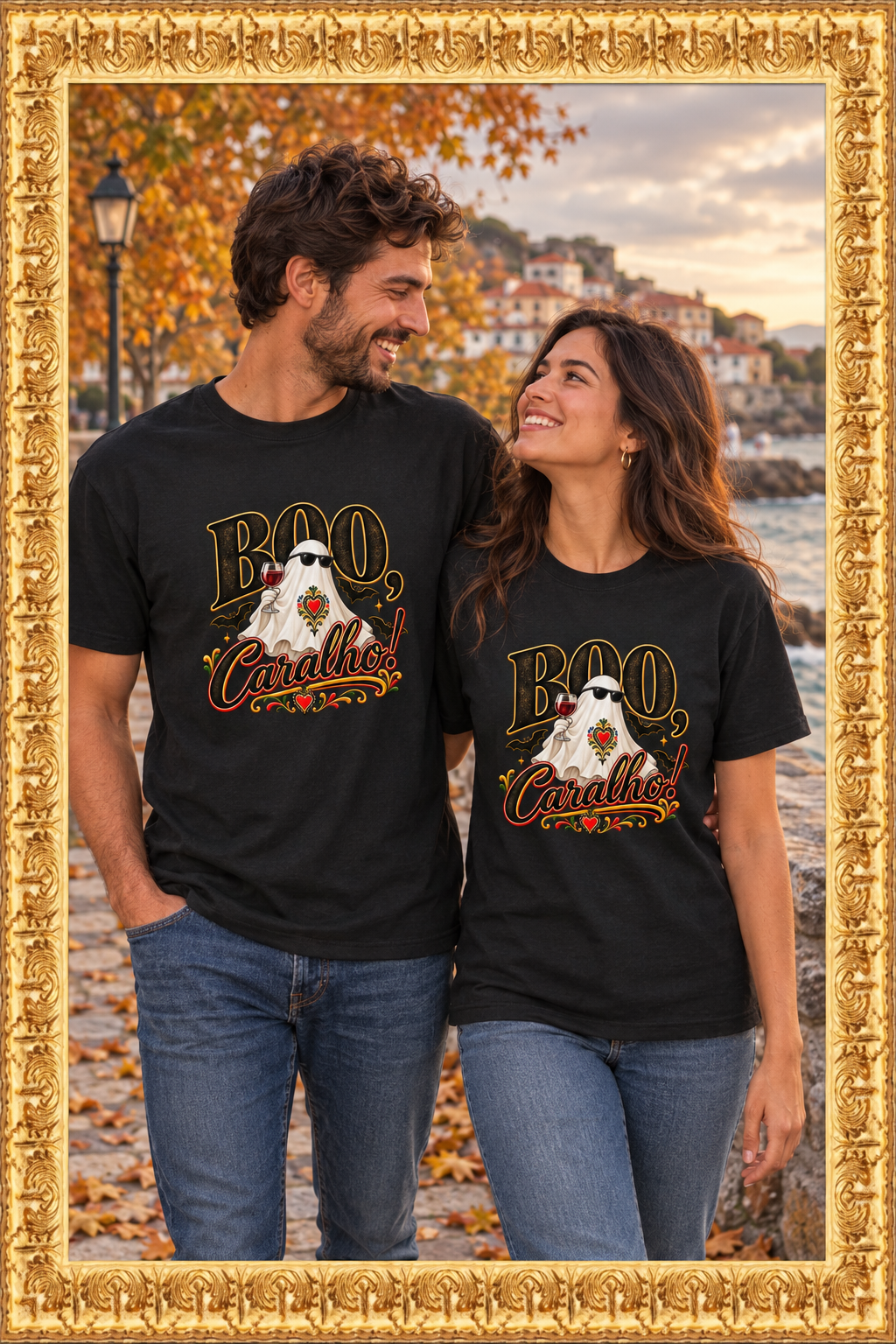 Couple wearing the Tuga Pride T-shirt in a fall setting inside the gold frame