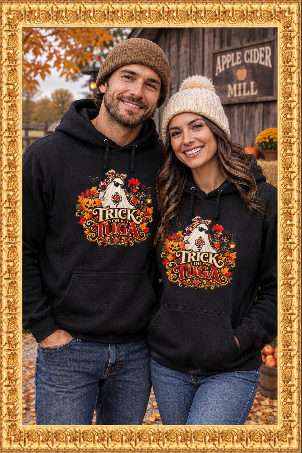 Couple wearing Trick or Tuga hoodies in a fall setting inside the gold frame