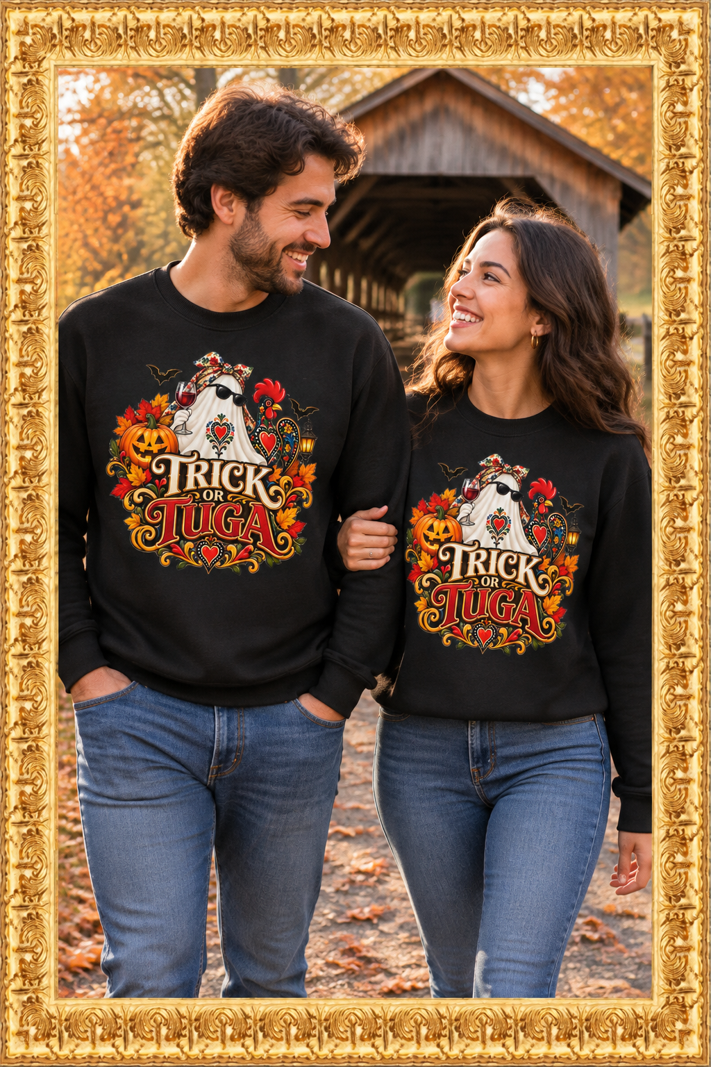 Couple wearing Trick or Tuga sweatshirts in the gold frame
