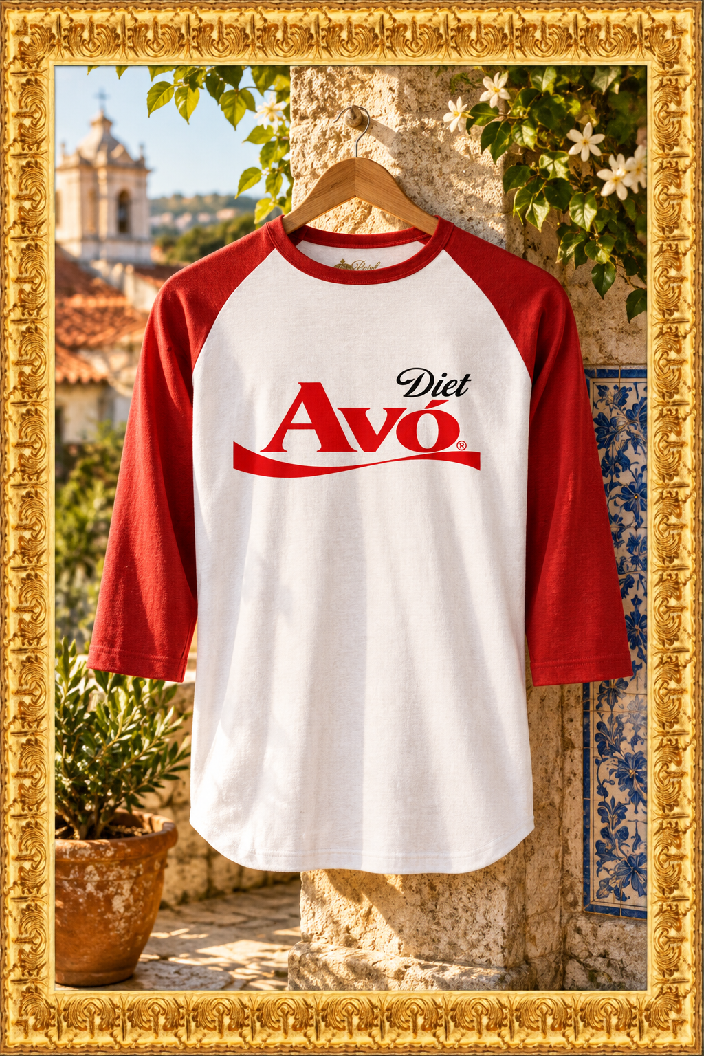 Diet Avó raglan shirt with a warm Portuguese lifestyle background inside the gold frame