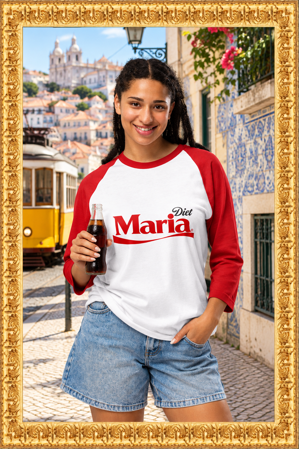 Diet Maria raglan tee framed in a Portugal city setting