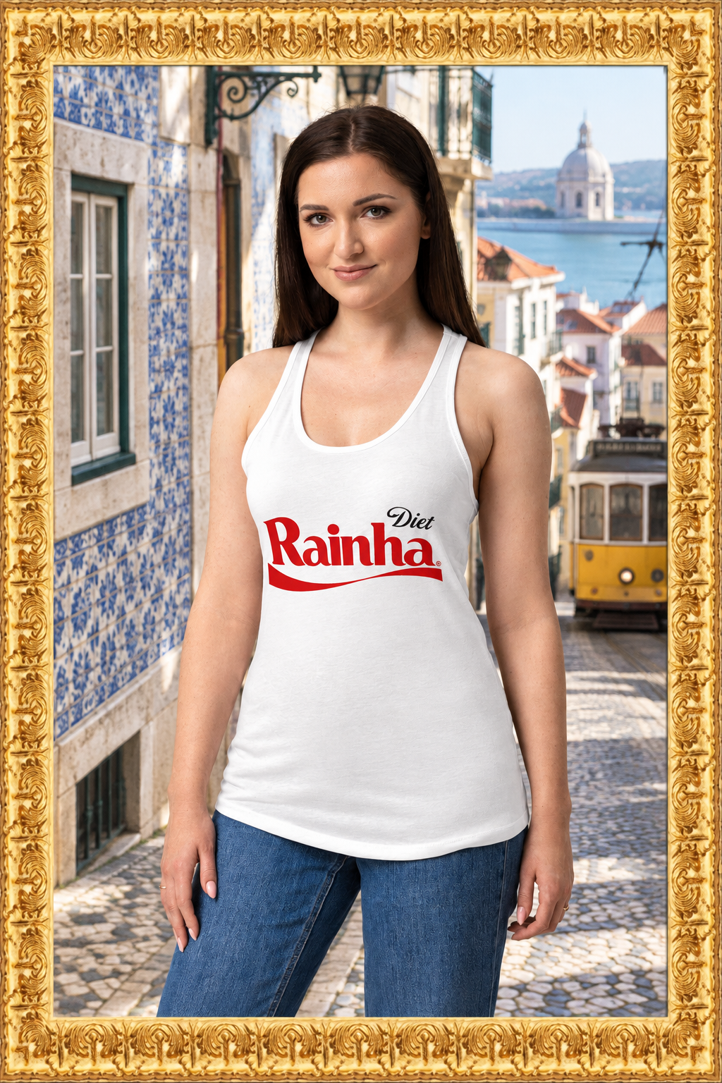 Diet Rainha racerback tank top in an authentic Portugal street setting