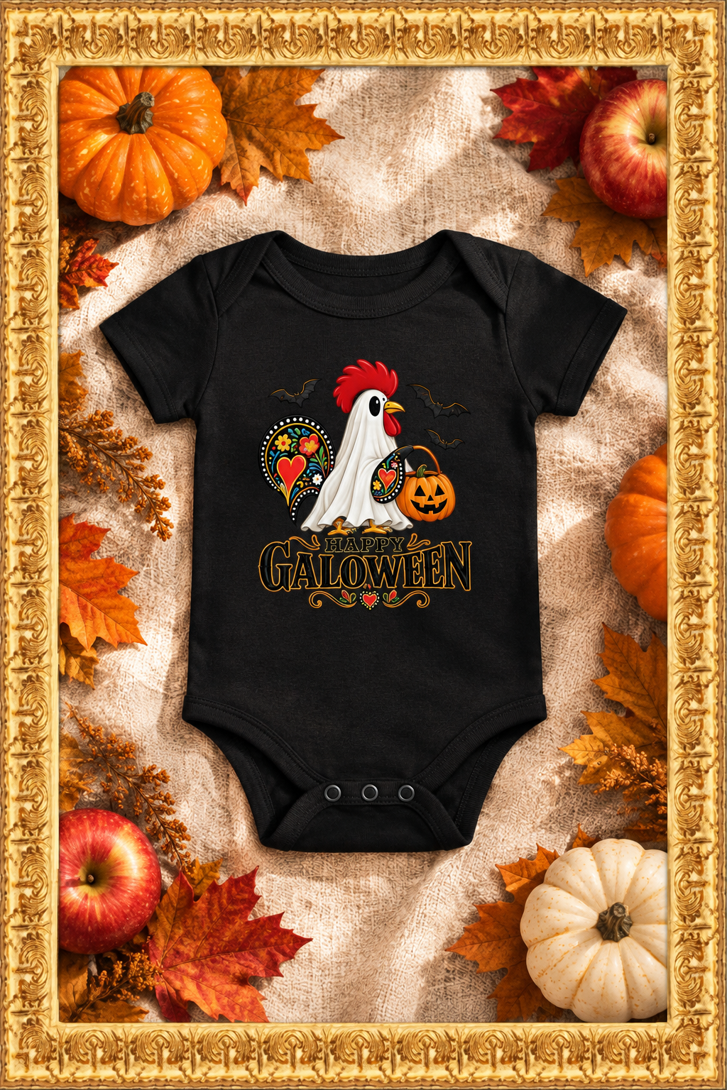 Fall baby one-piece photo inside the gold frame
