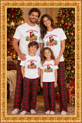 Family of four in matching Christmas T-shirts and pajama bottoms inside an ornate gold frame