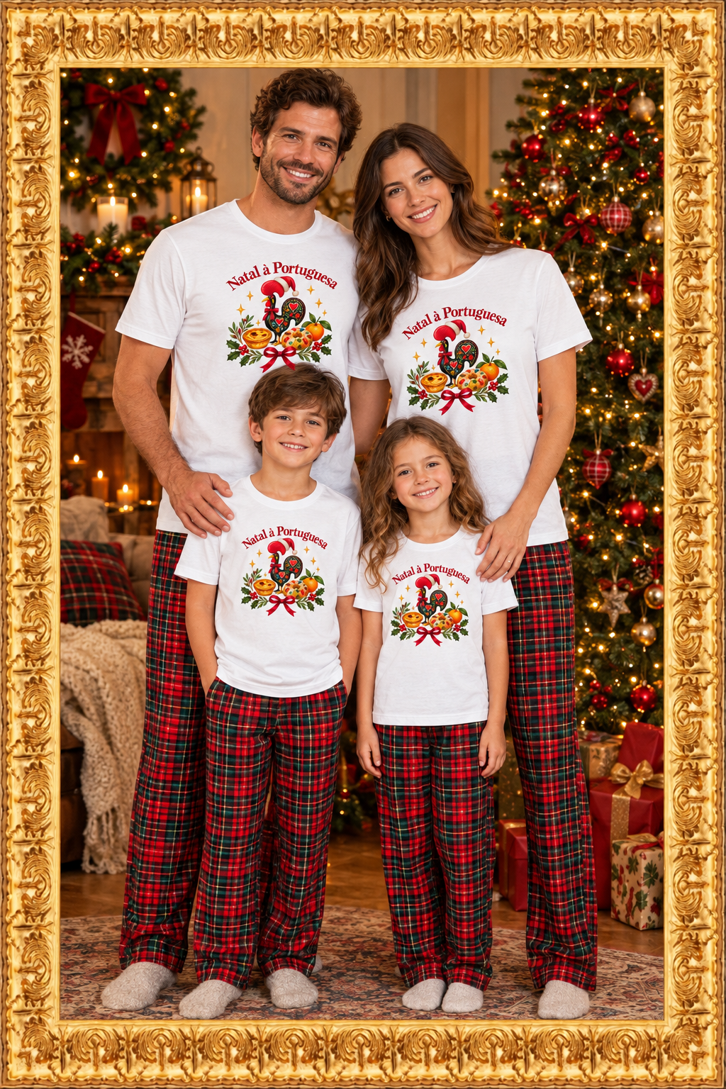Family of four in matching Christmas T-shirts and pajama bottoms inside an ornate gold frame