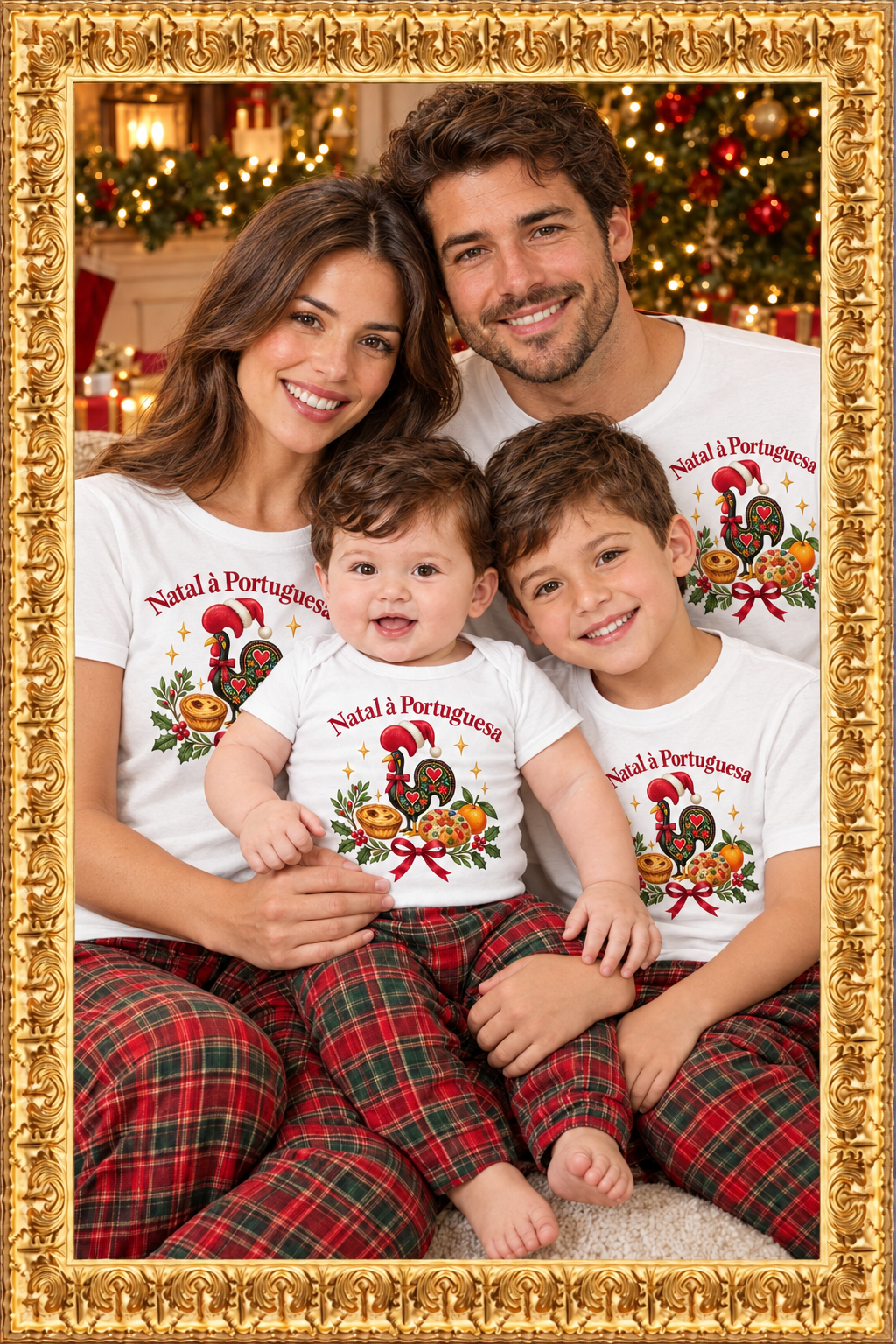 Family wearing matching Natal à Portuguesa designs with Christmas pajamas and an ornate gold frame