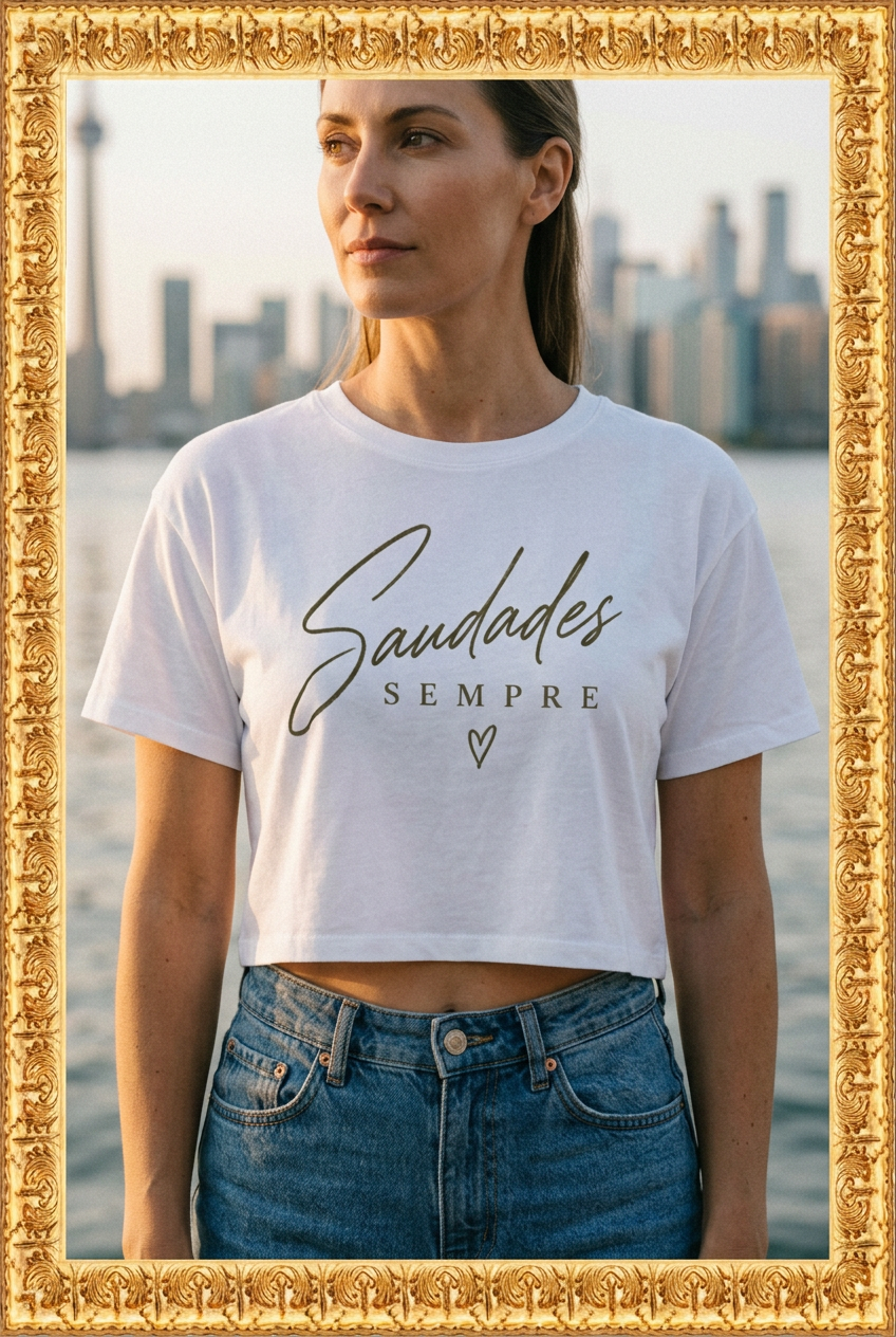 Front-facing shirt with woman looking away, surrounded by the original gold frame
