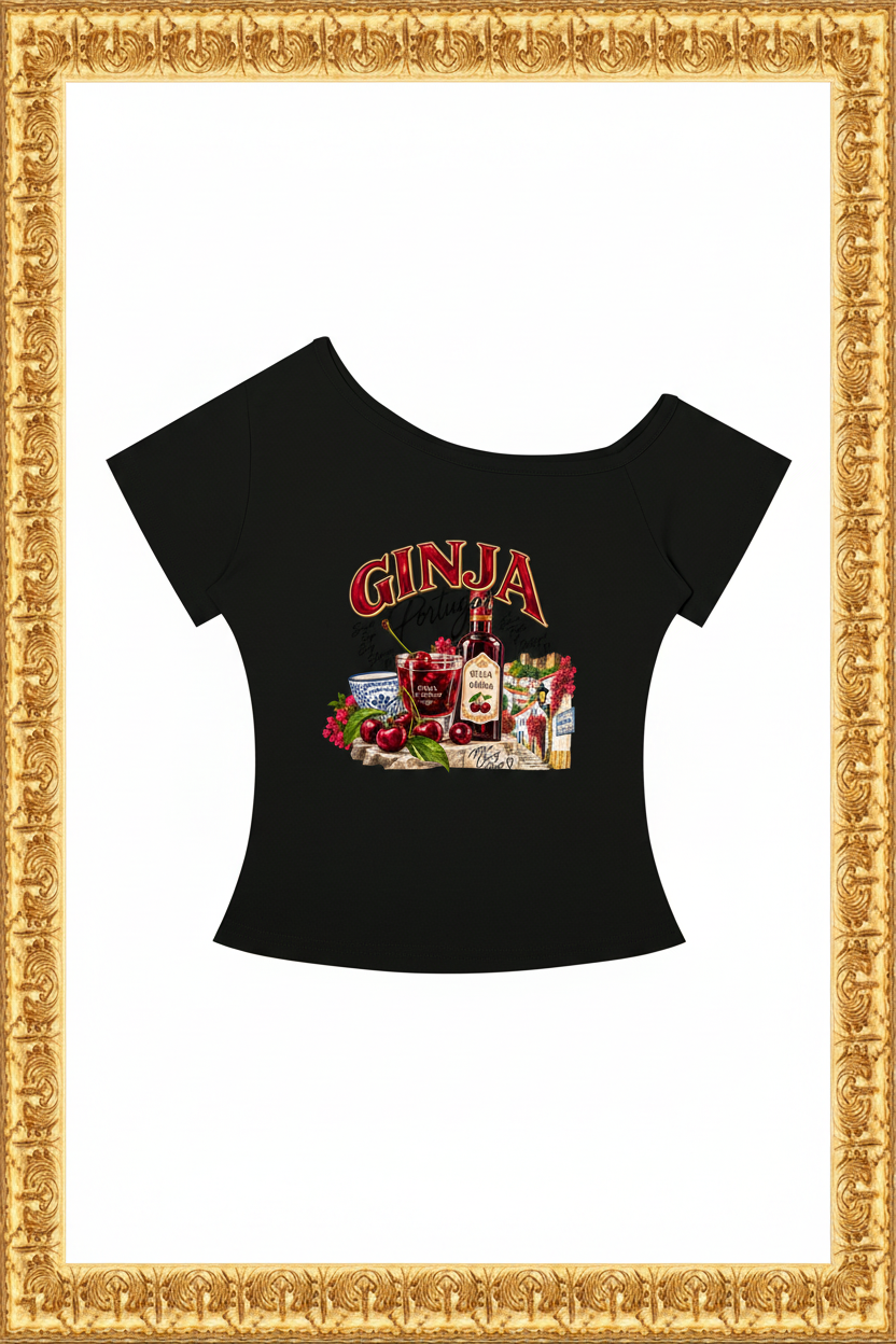 Ginja Portugal Women's Off-the-Shoulder T-Shirt in an upright antique-gold frame