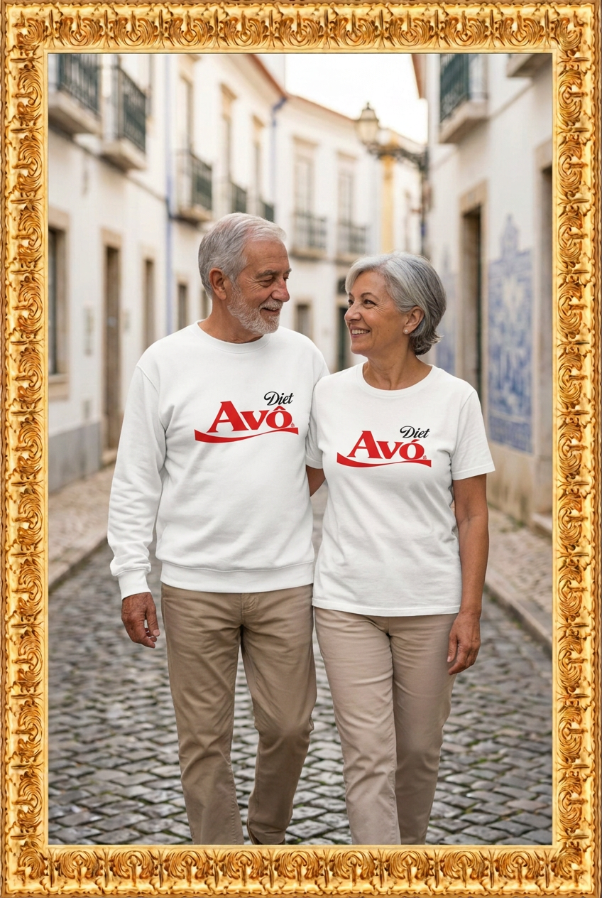 Grandpa and grandma wearing matching Diet Avô and Diet Avó designs inside a gold frame