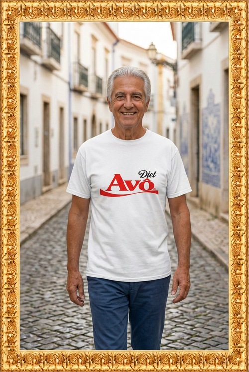 Grandpa wearing the Diet Avô T-shirt in a gold frame