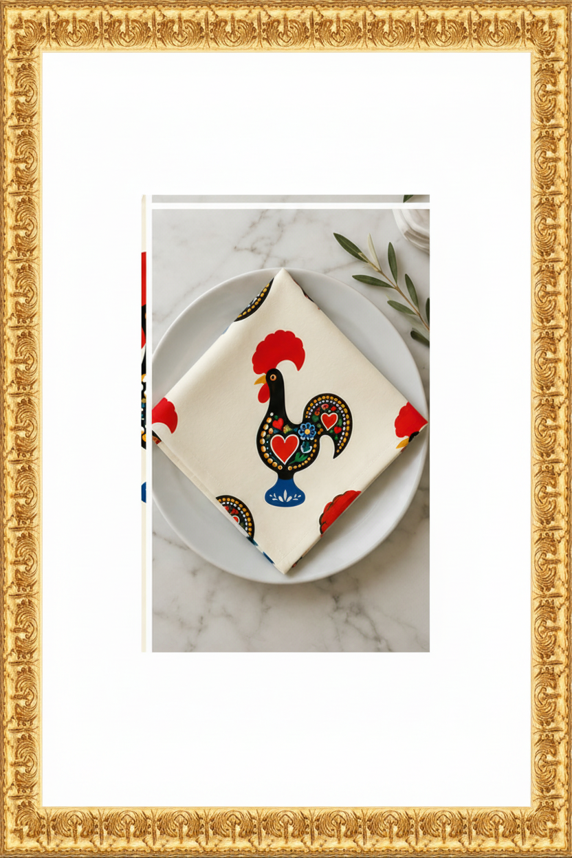 Galo de Barcelos napkin folded on a plate in the original ornate antique-gold frame