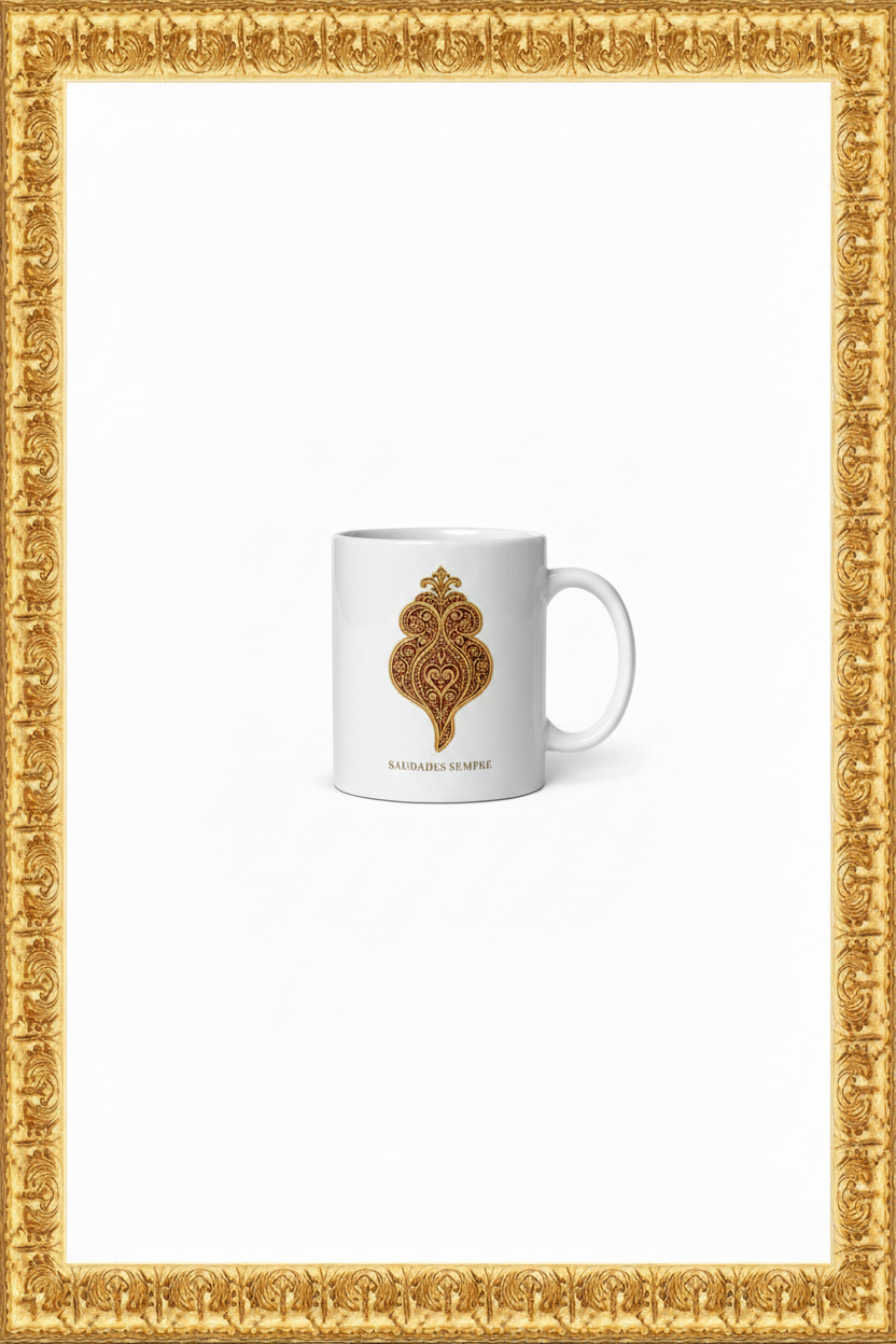 Saudades Sempre white glossy mug inside the original antique gold frame