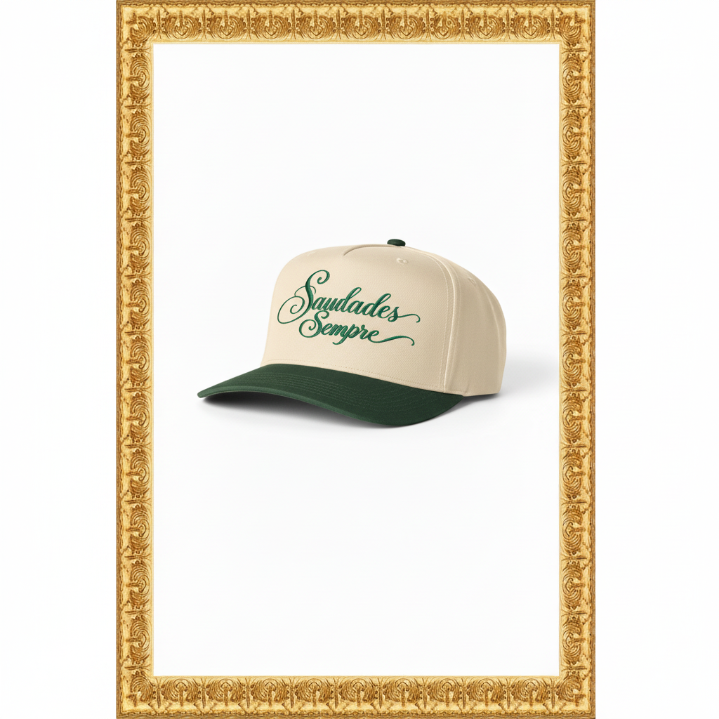 Saudades Sempre cap displayed in an antique gold frame