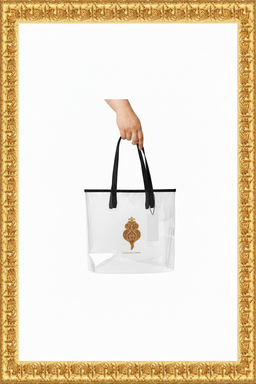 Viana Saudade Sempre clear tote bag centered inside the original antique gold frame