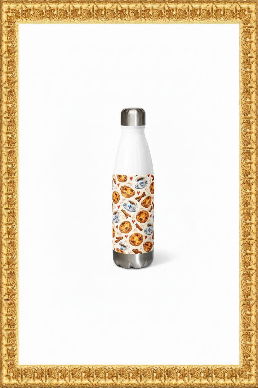 Pastéis de Nata and Bica stainless steel water bottle inside the original antique gold frame