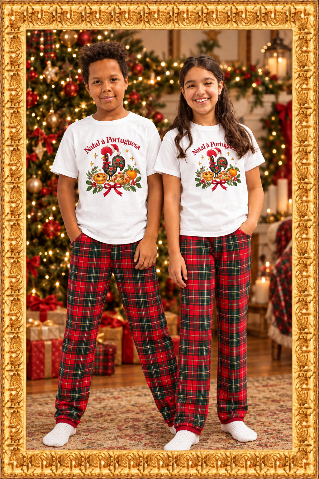 Kids wearing Natal à Portuguesa T-shirts and Christmas pajama bottoms in an ornate gold frame