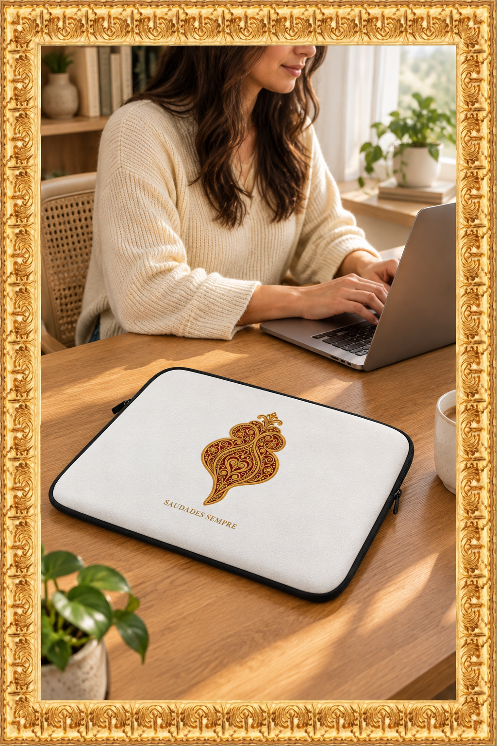 Laptop sleeve in a home office with someone working inside the gold frame