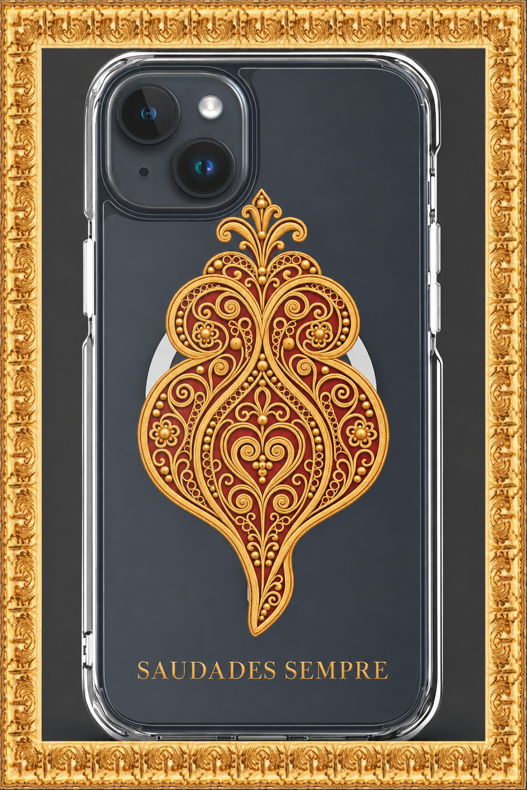 MagSafe clear iPhone case inside the ornate gold frame