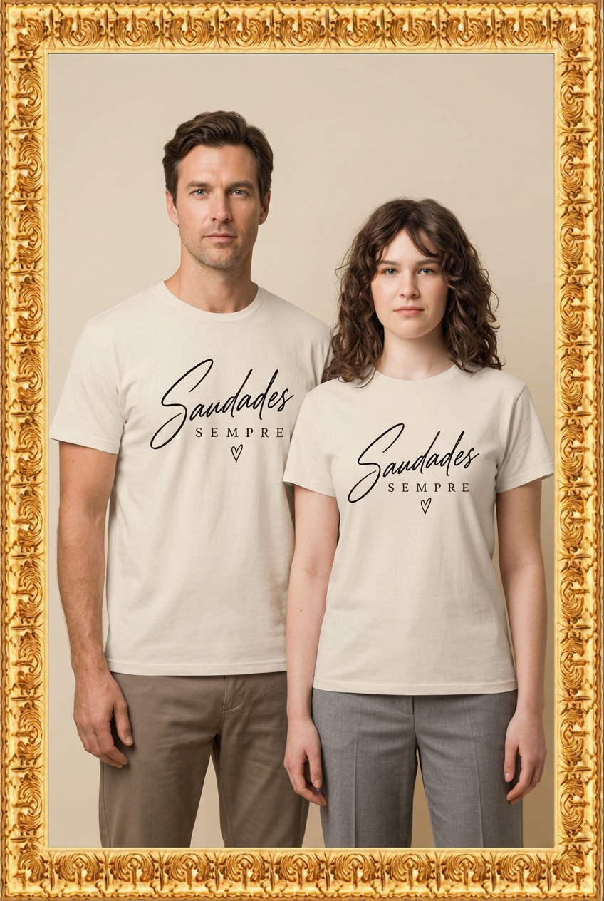 Man and woman wearing Saudades Sempre shirts in the store’s gold frame