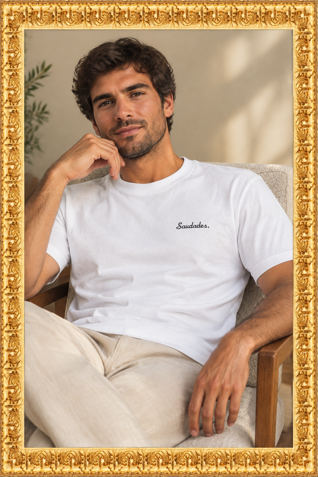 Man relaxing in a chair wearing the Saudades Embroidered T-Shirt
