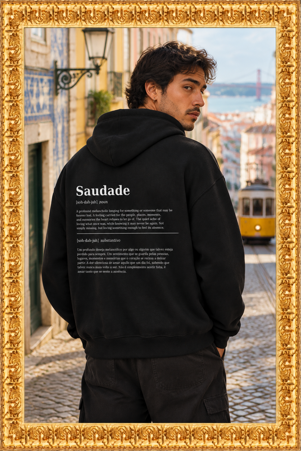 Man showing the Saudade hoodie back design on a Lisbon street with an ornate gold frame