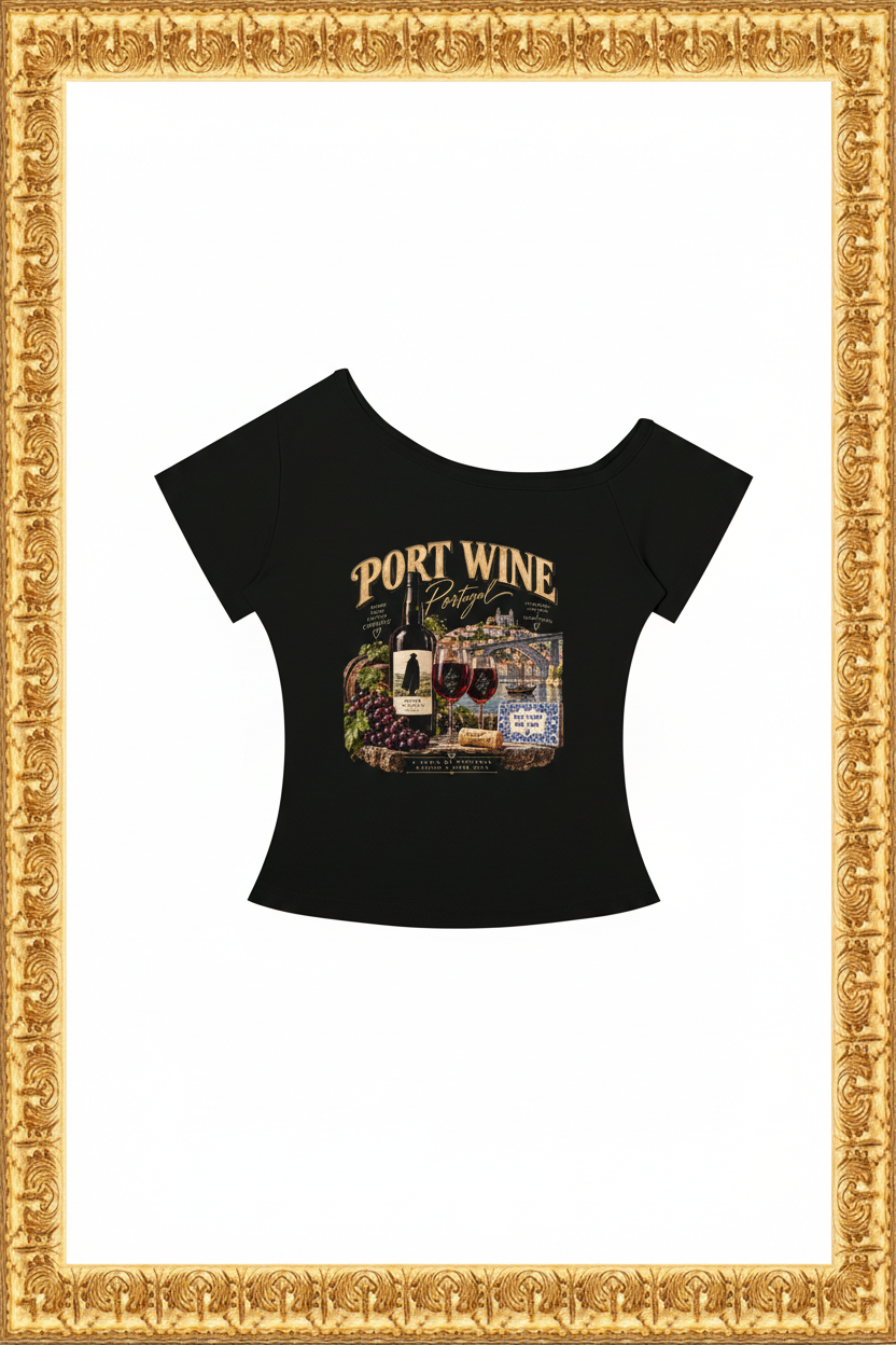 Port Wine Off-the-Shoulder product in an upright antique-gold frame