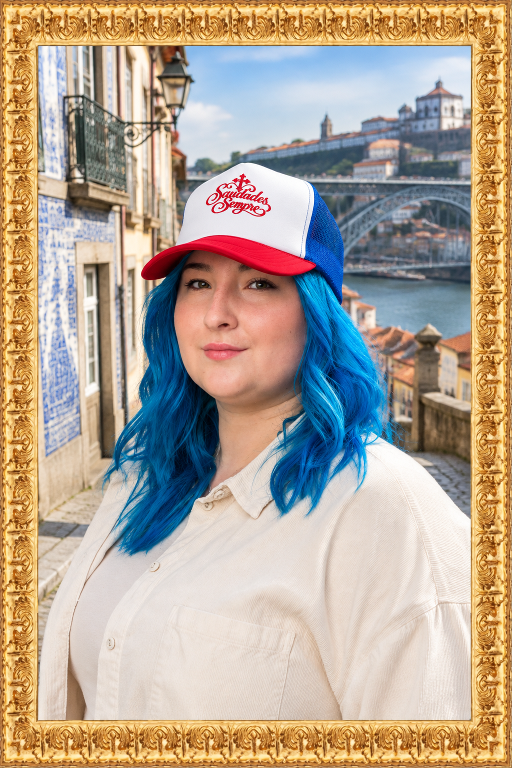 Red, white, and royal-blue trucker hat in Porto inside the gold frame