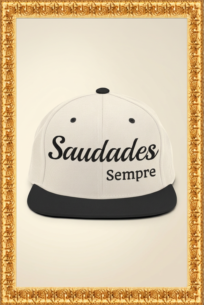 Saudades Sempre hat in a luxury ivory studio setting with an ornate gold frame