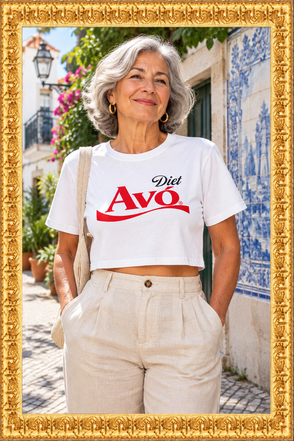 Stylish grandmother wearing the crop top inside the gold frame